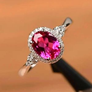 Silver Plated Oval Cut Rose Red Zircon Halo Ring ☆》NWT《☆